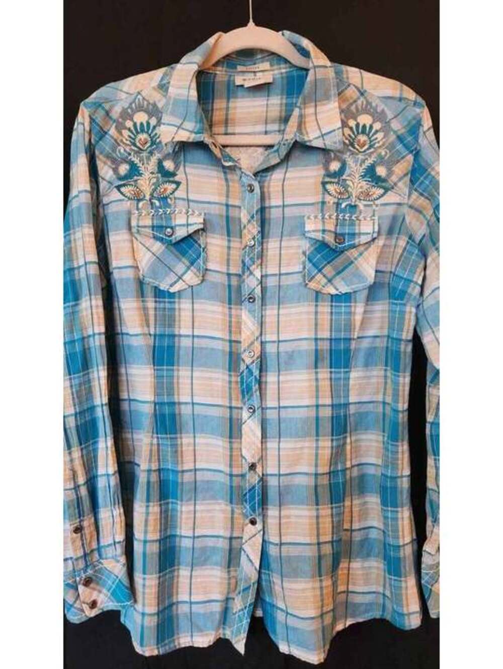 Ariat Womens Turquoise Plaid Embroidered & Beaded Western Shirt with Metal Snaps